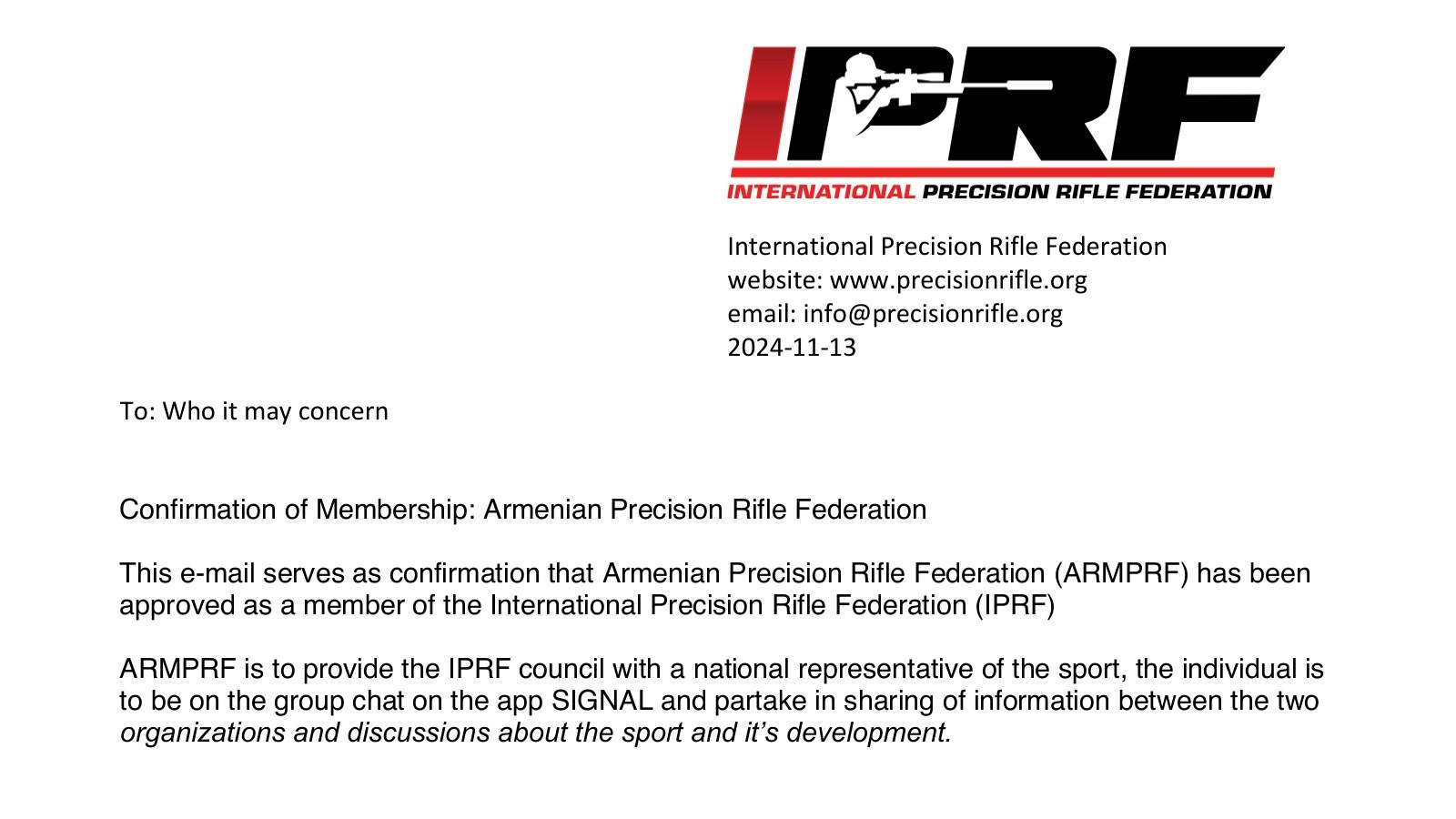 The letter confirming IPRF membership, carrying the international federation's mark