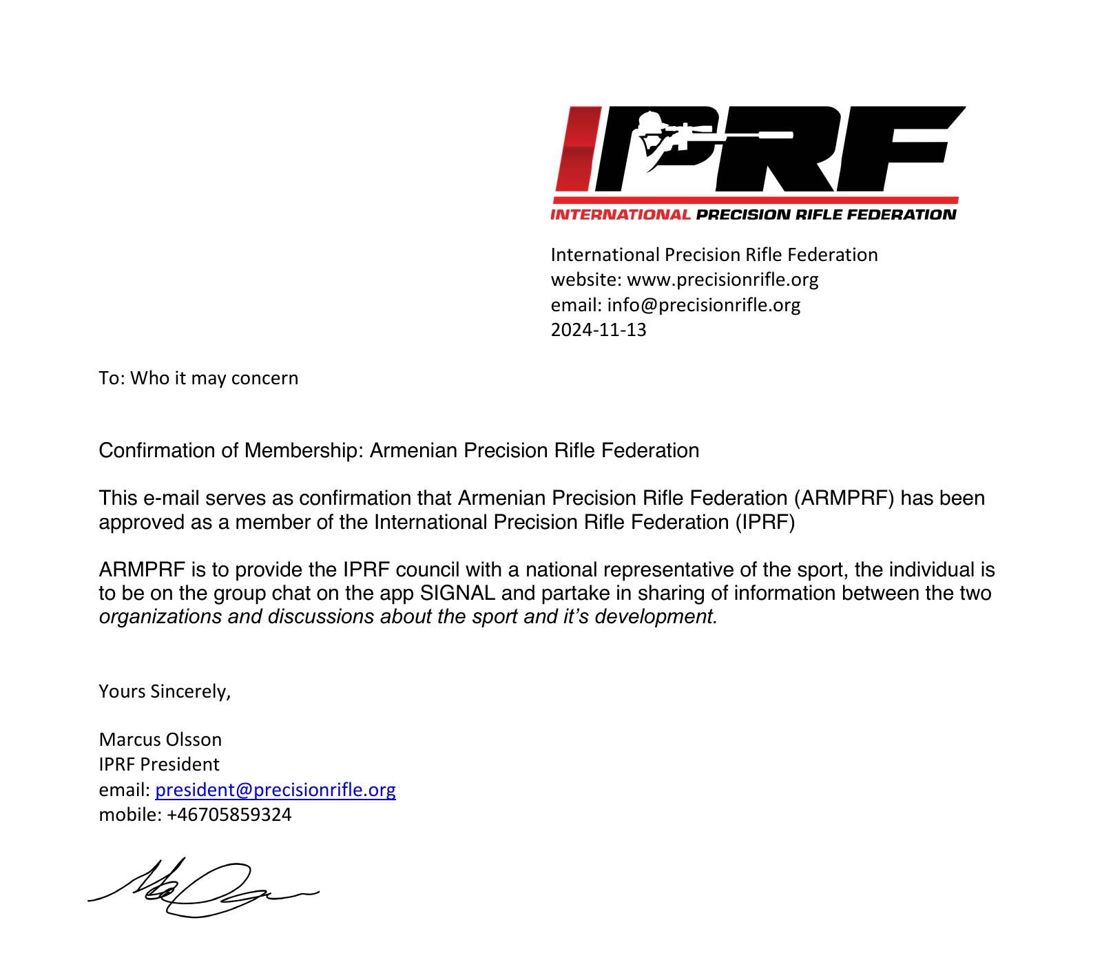 The IPRF letter confirming the Armenian Precision Rifle Federation’s membership