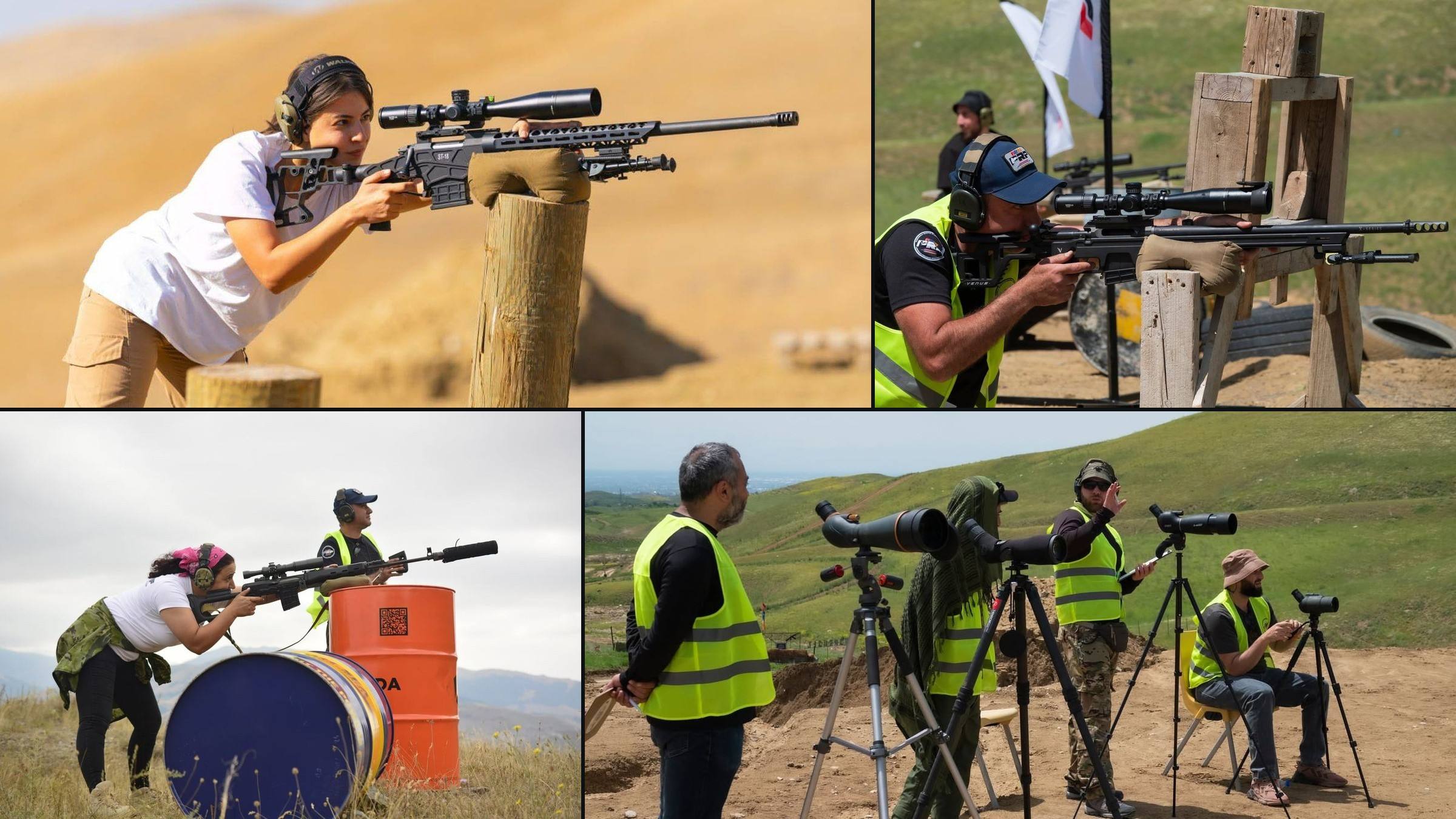 A collage of ARMPRF matches: a shooter aiming off a post, a shooter on a barricade, a shooter leaning over barrels, and range officers at their spotting scopes
